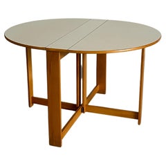 Round Scandinavian Vintage Oakwood Foldable Dining Table with Side Wings, 1970s