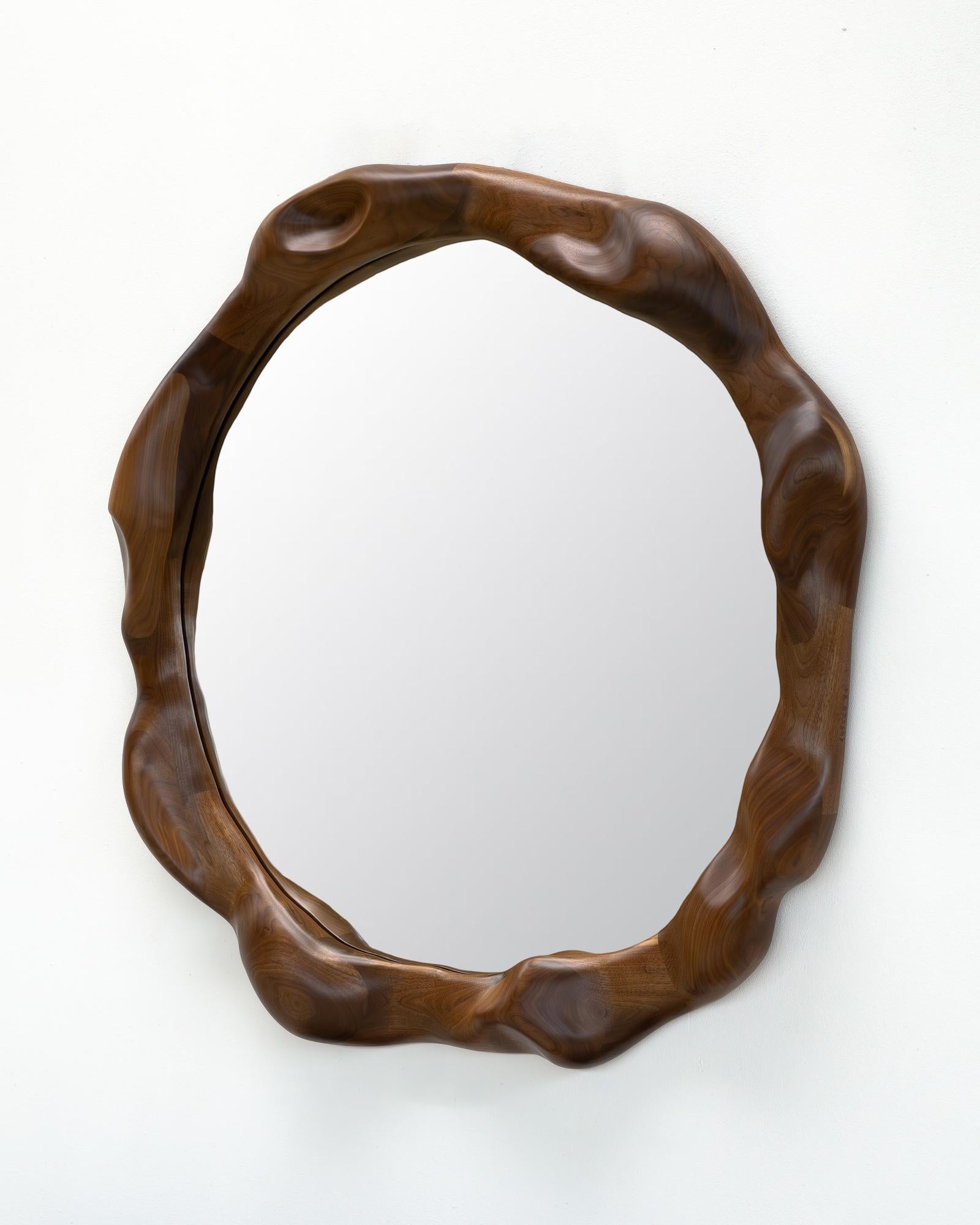 German Round Sculptural Mirror in Walnut Wood For Sale