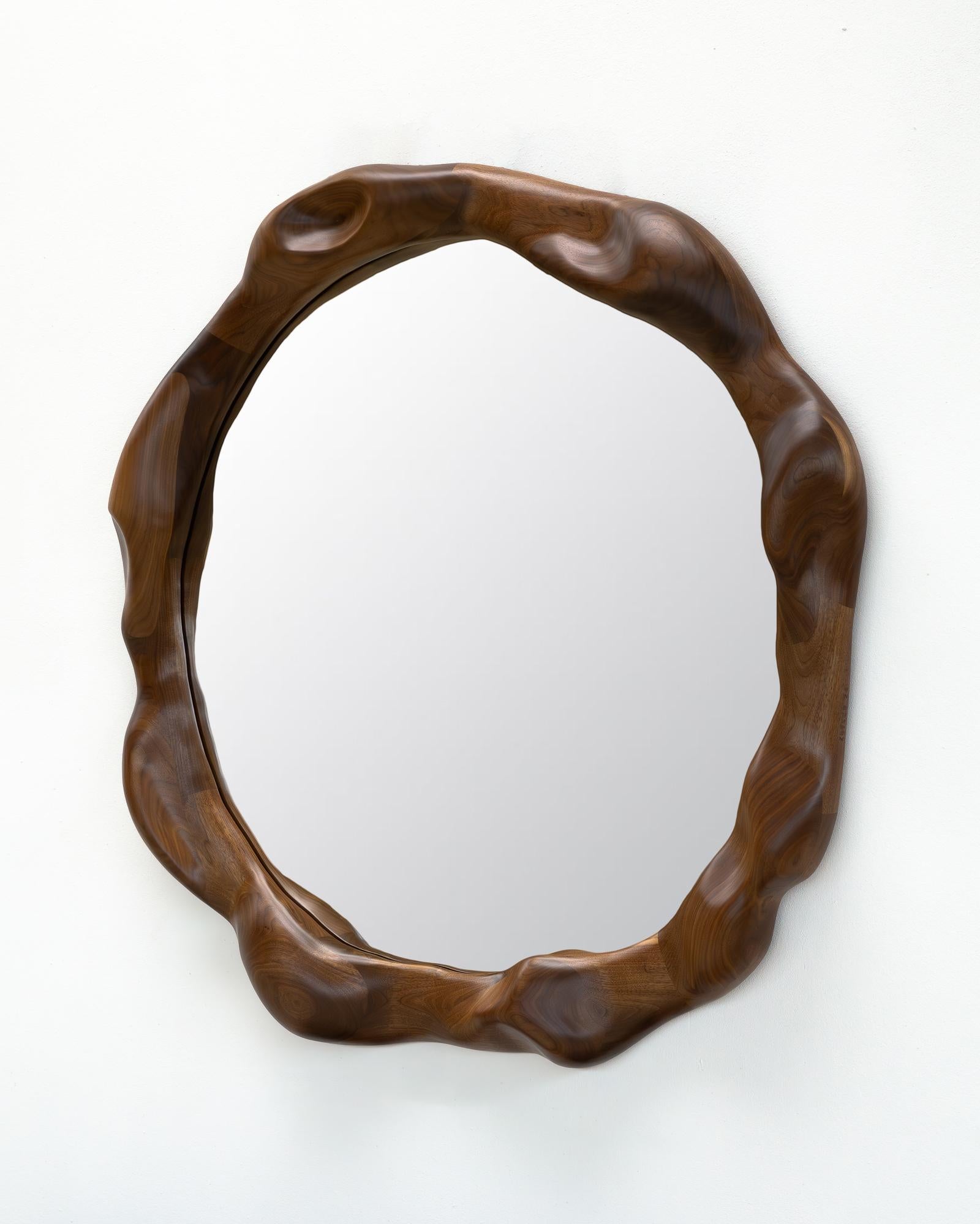 German Big Round Sculptural Wavy Mirror in Walnut Wood For Sale