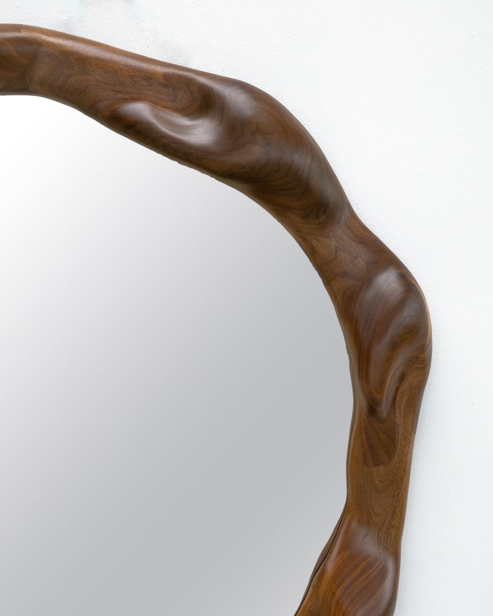 Woodwork Round Sculptural Mirror in Walnut Wood For Sale