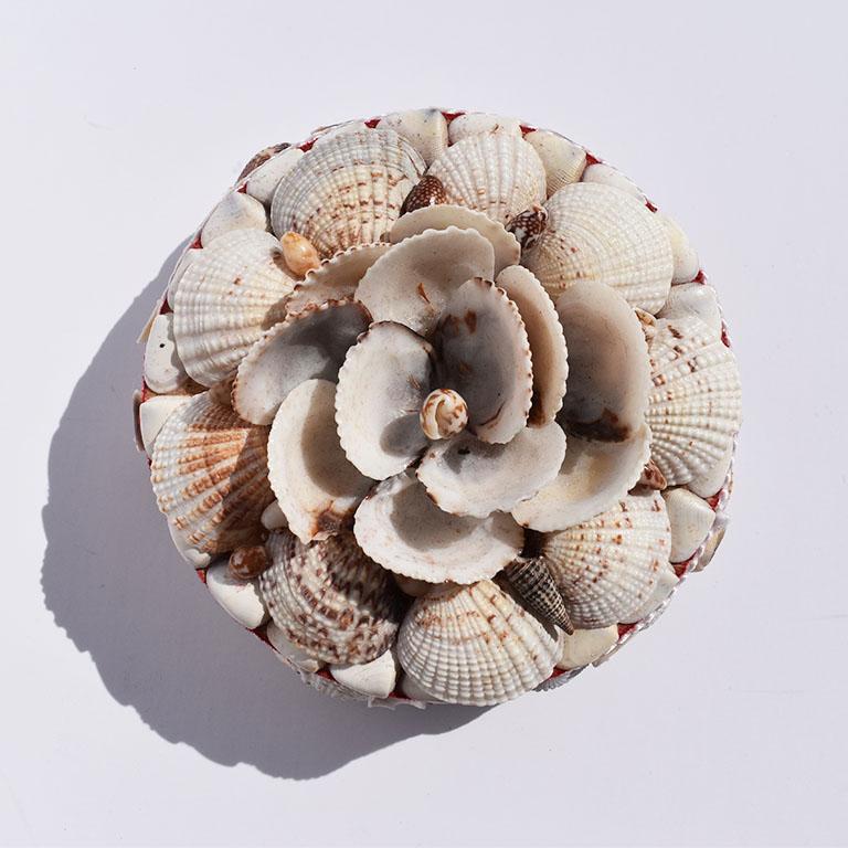 International Style Round Sea Shell Covered Trinket Box with Lid
