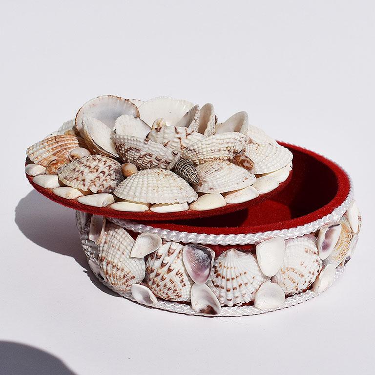 20th Century Round Sea Shell Covered Trinket Box with Lid
