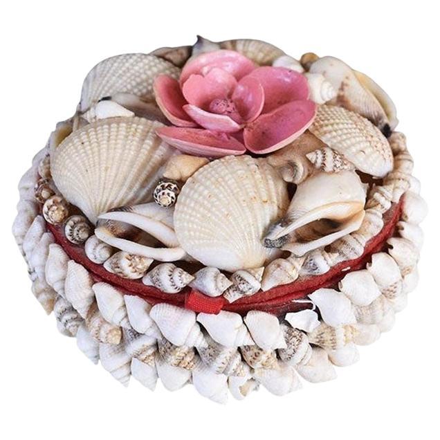 Round Sea Shell Encrusted Pink Flower Motif Decorative Box with Lid For Sale