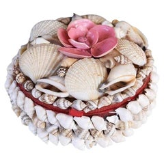 Round Sea Shell Encrusted Pink Flower Motif Decorative Box with Lid