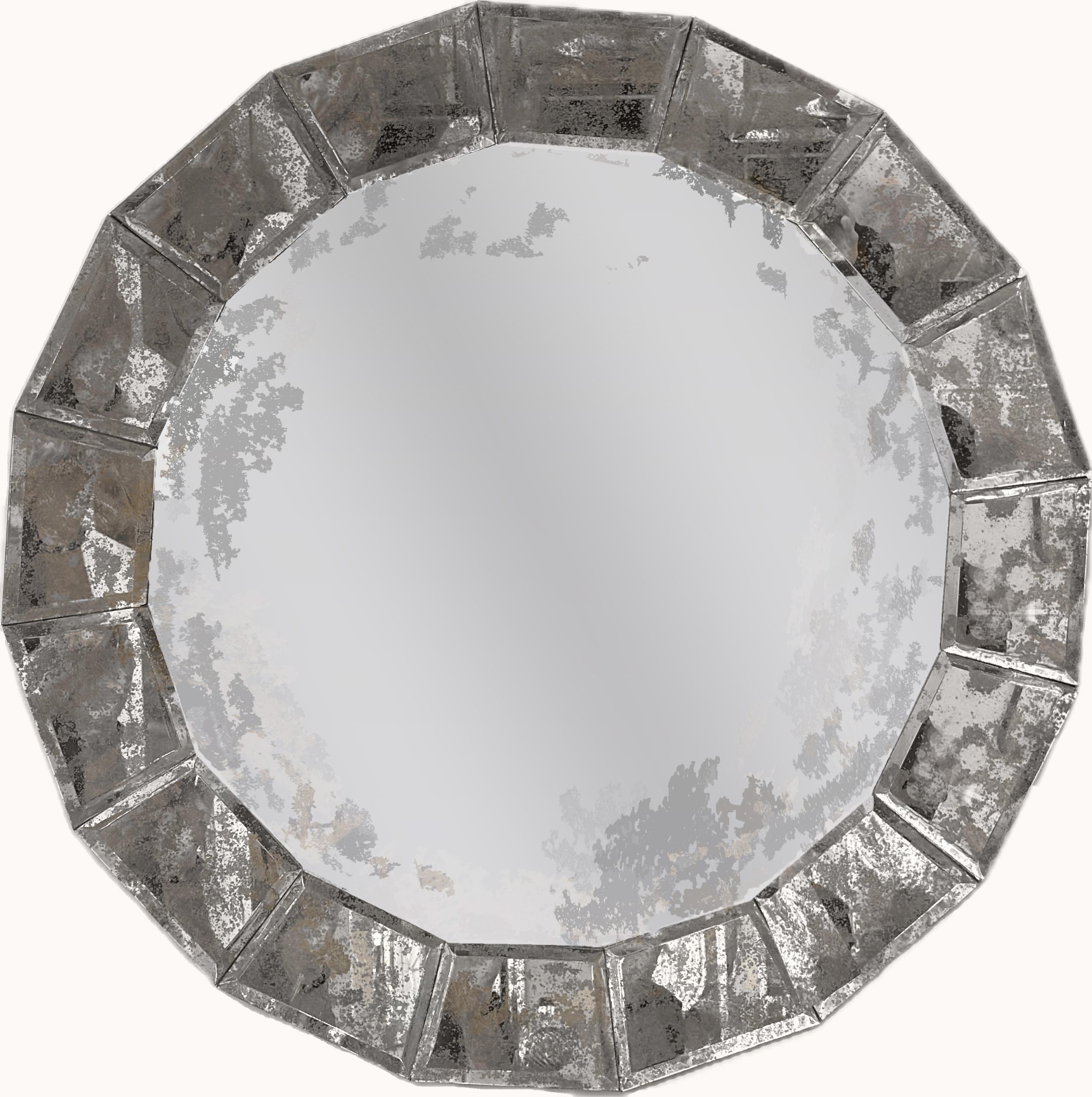 Contemplativo specchio rotondo trasparente con lievi alterazioni ai bordi in una cornice ornata composta da singole sezioni di specchio smussate e alterate. Realizzato in modo splendido, il suo aspetto antico e simile a una gemma conferisce un'aria
