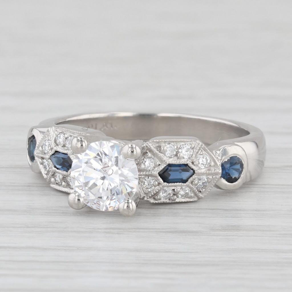 Runder Semi Mount Verlobungsring Platin Diamant Saphir Größe 6,25 im Angebot