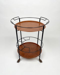 Round Serving Bar Cart Tray in Teak and Black Metal, Italy, 1960s