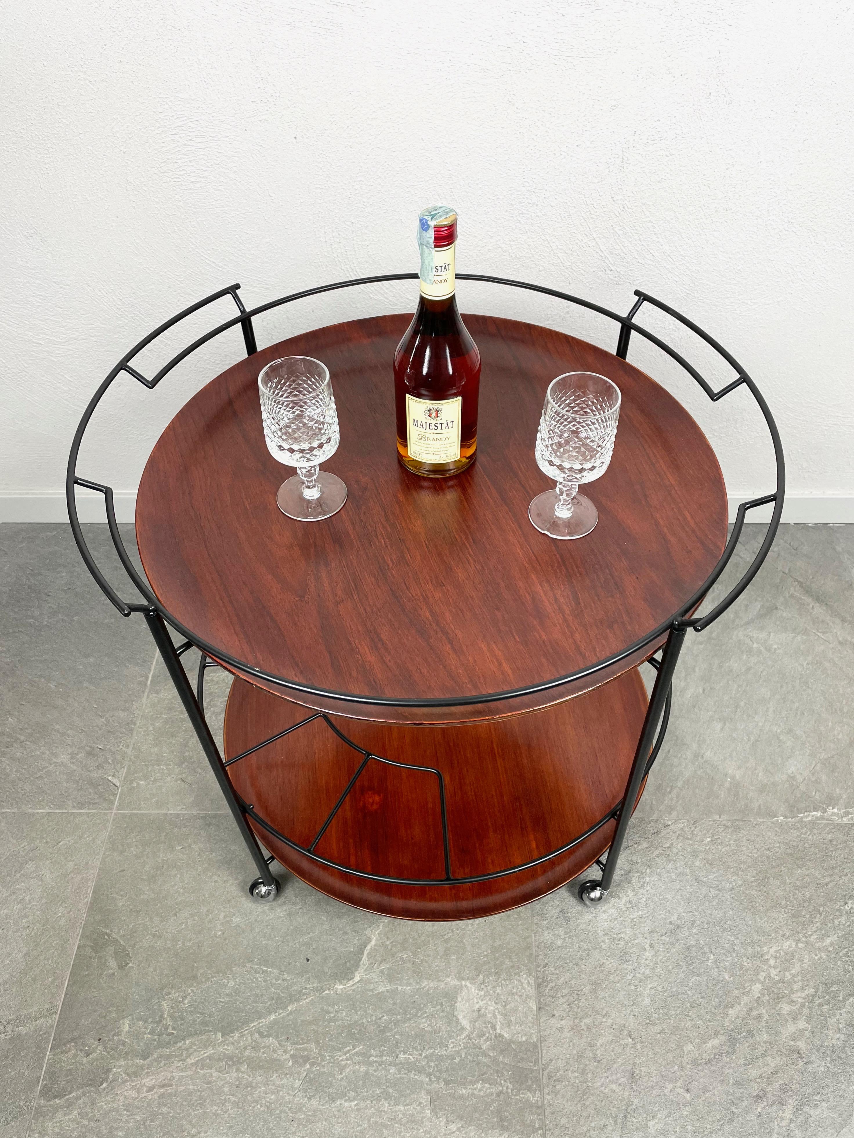 Round Serving Cart Tray in Teak and Black Metal, Italy, 1960s For Sale 5