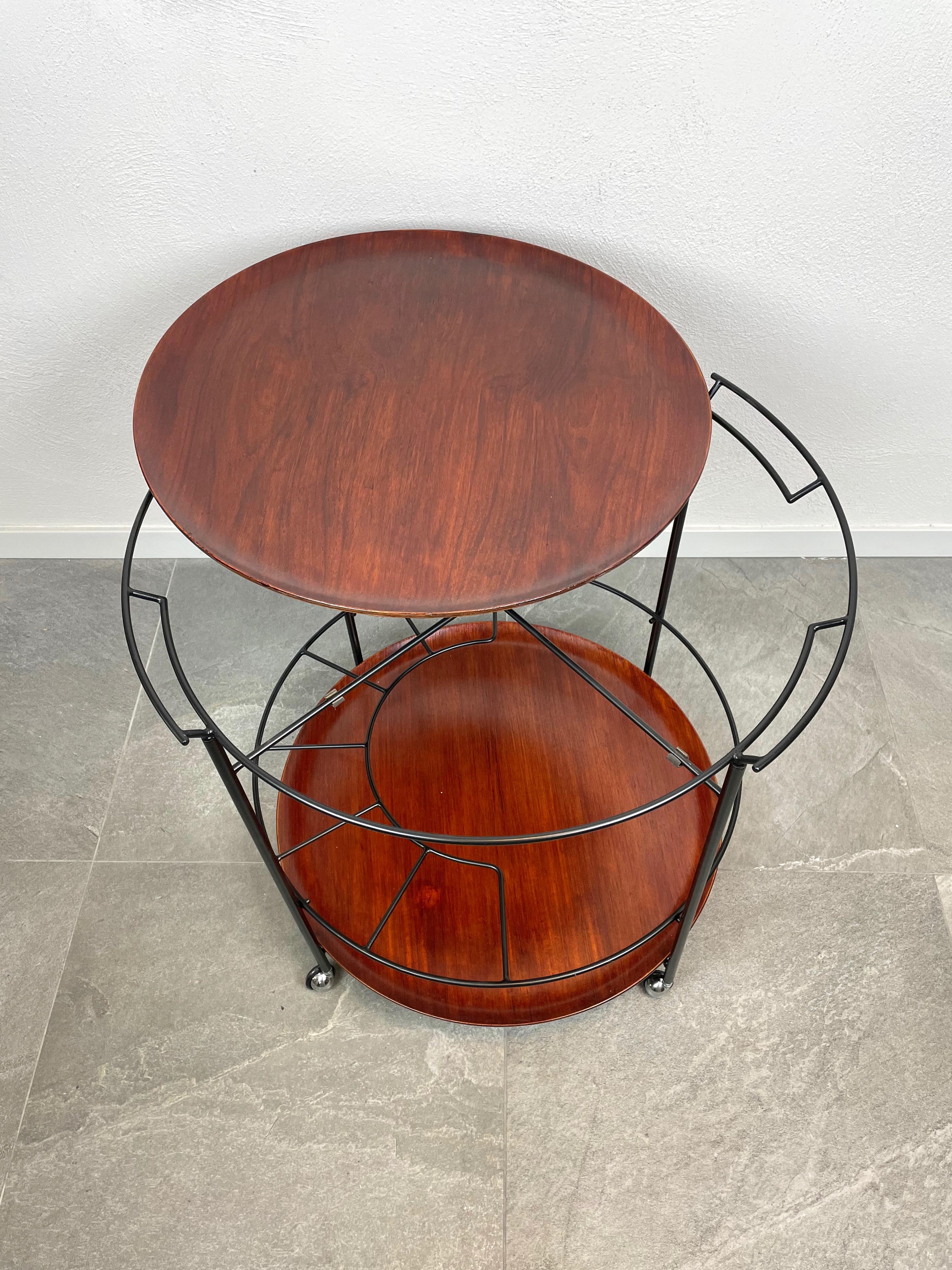 Mid-20th Century Round Serving Cart Tray in Teak and Black Metal, Italy, 1960s For Sale