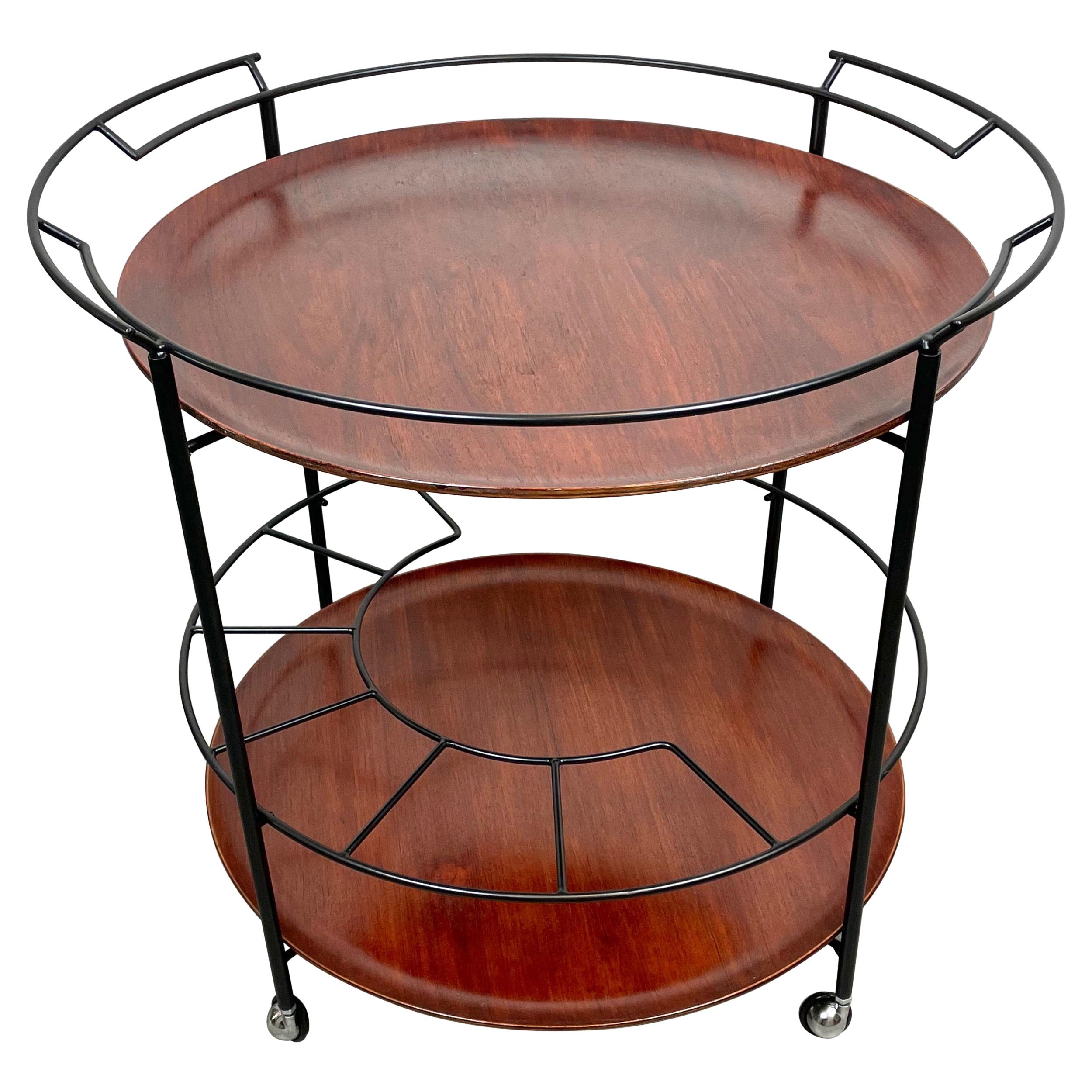 Round Serving Cart Tray in Teak and Black Metal, Italy, 1960s