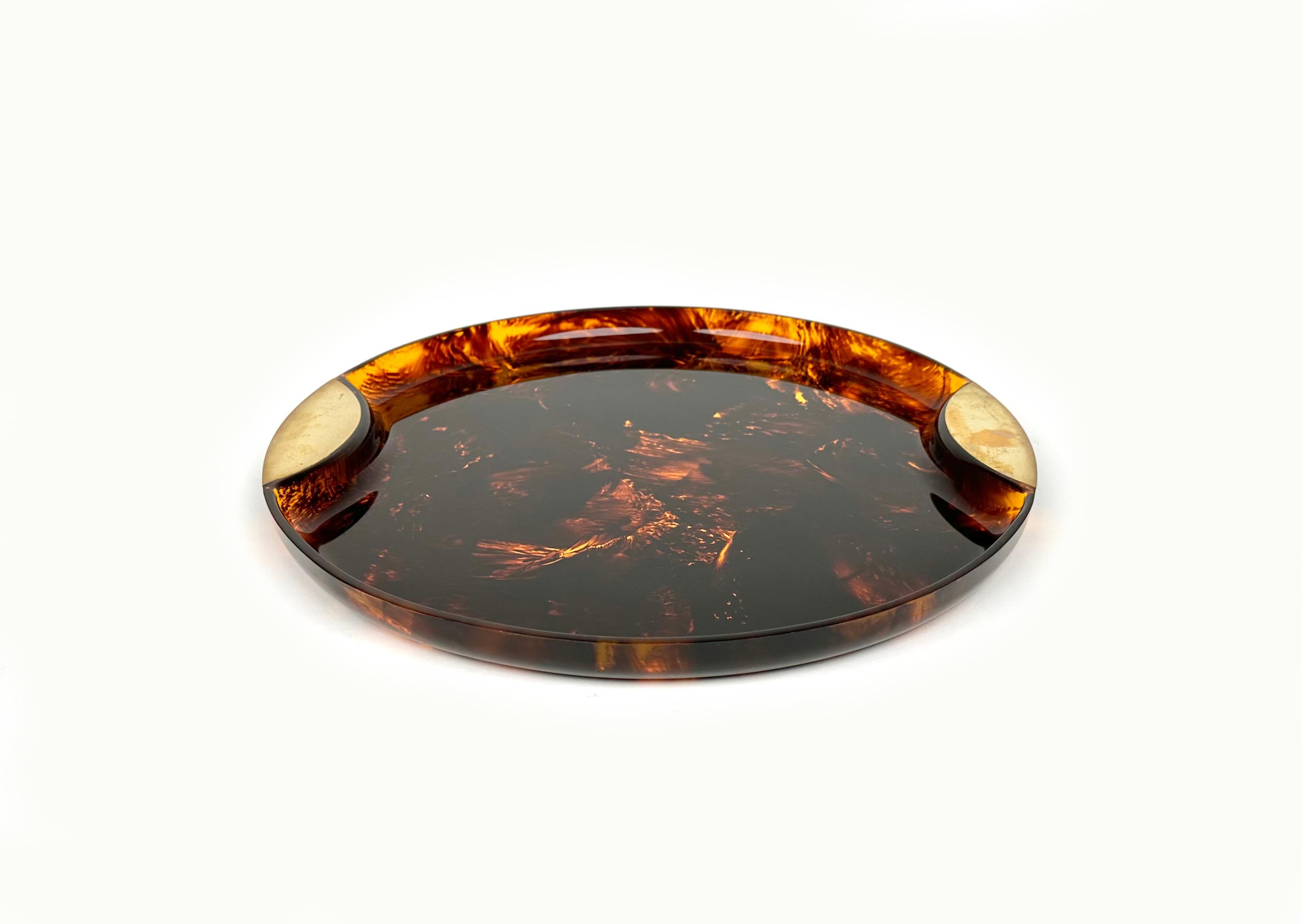 Italian Round Serving Tray in Lucite Faux Tortoiseshell and Brass, Italy, 1970s