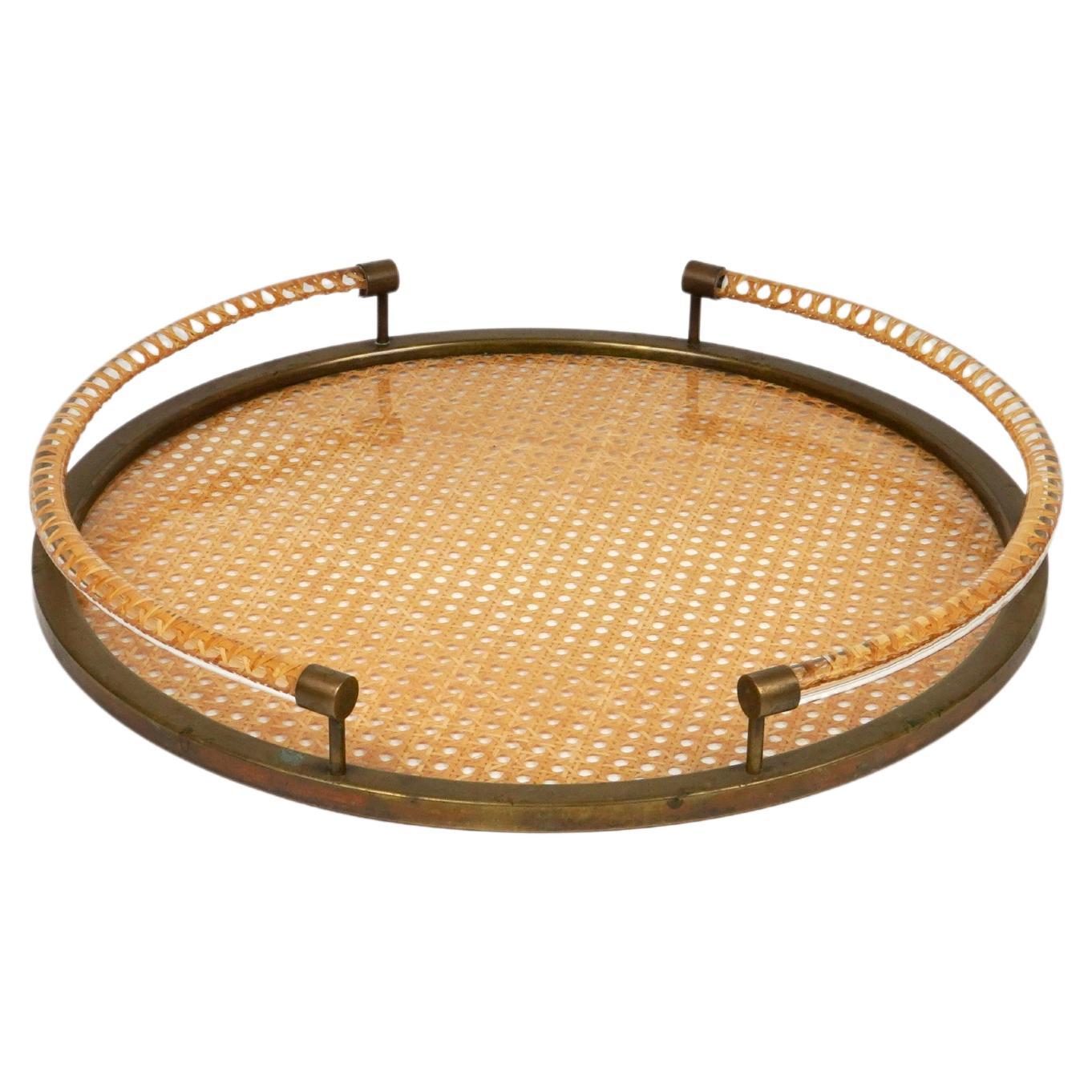 Round Serving Tray in Lucite, Rattan and Brass Christian Dior Style, Italy 1970s 3