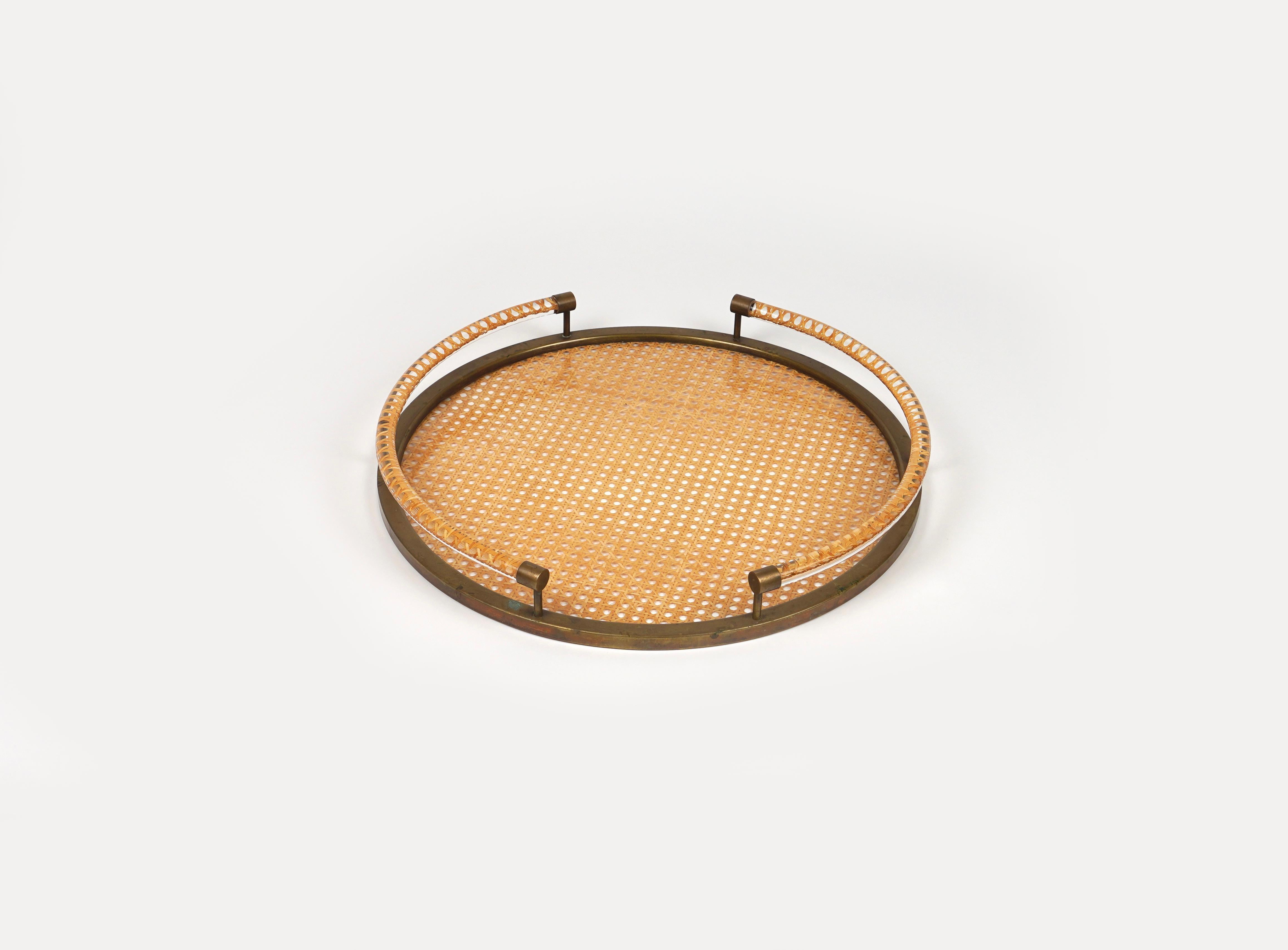 Mid-Century Modern Round Serving Tray in Lucite, Rattan and Brass Christian Dior Style, Italy 1970s