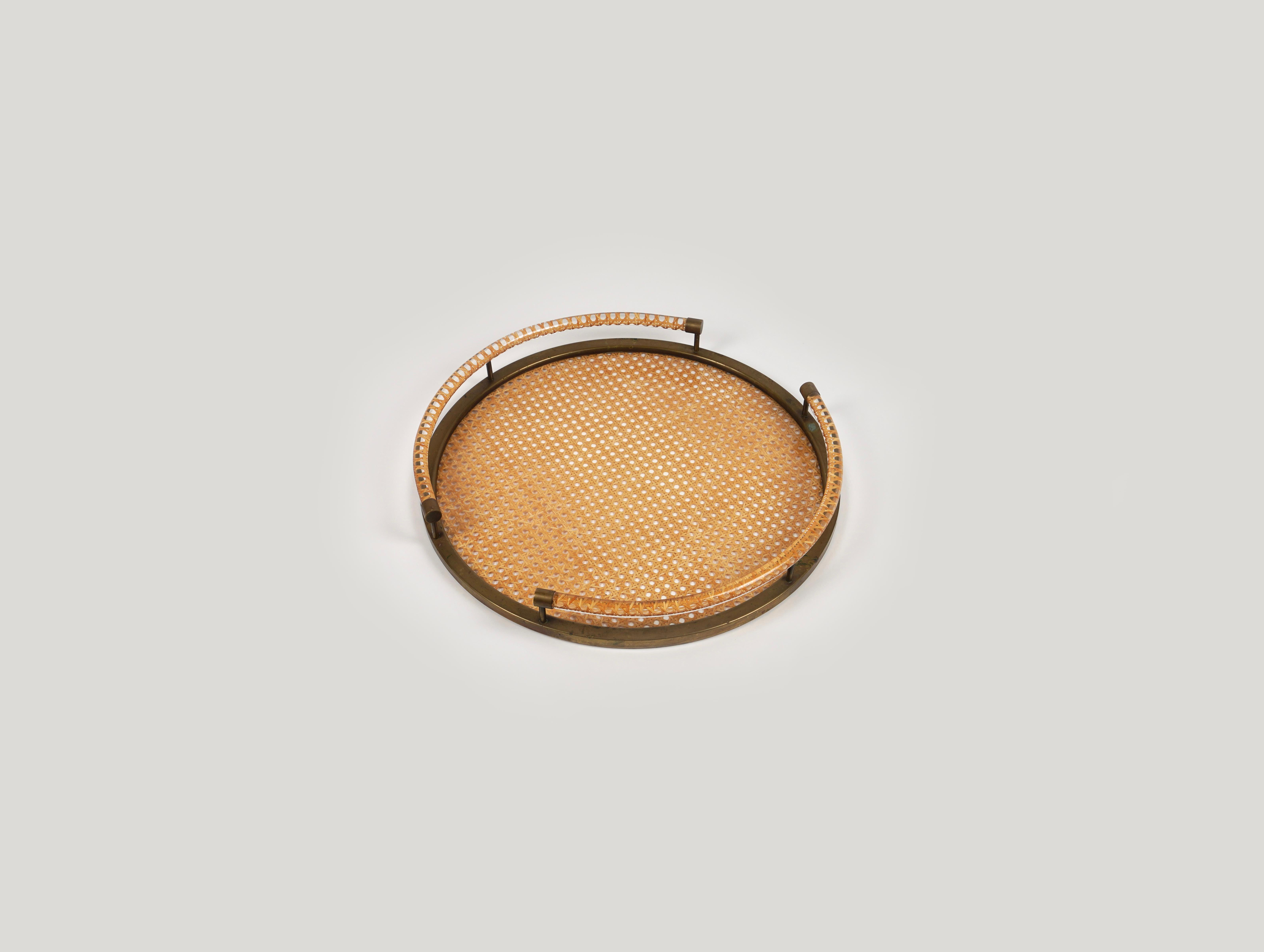 Late 20th Century Round Serving Tray in Lucite, Rattan and Brass Christian Dior Style, Italy 1970s