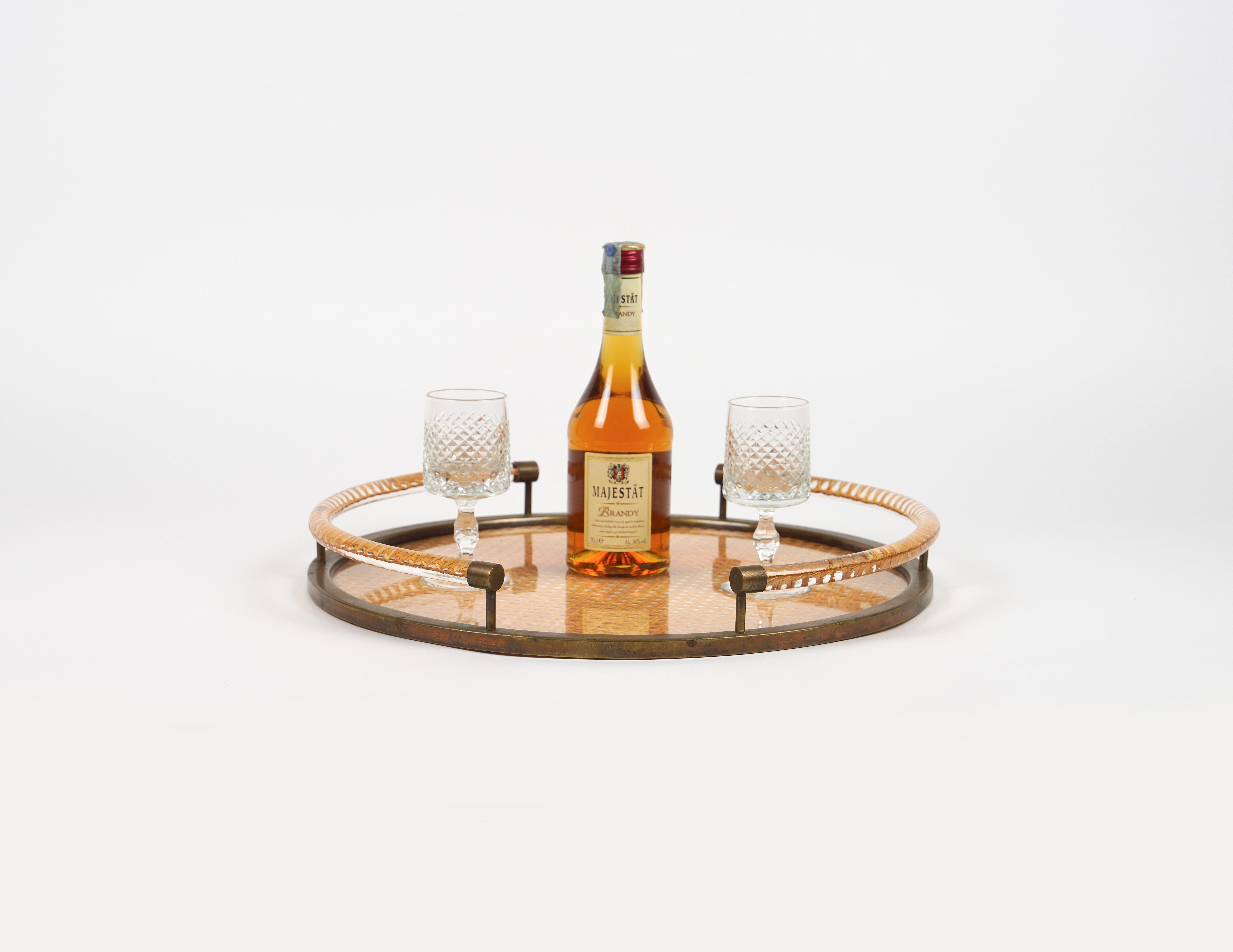 Acrylic Round Serving Tray in Lucite, Rattan and Brass Christian Dior Style, Italy 1970s