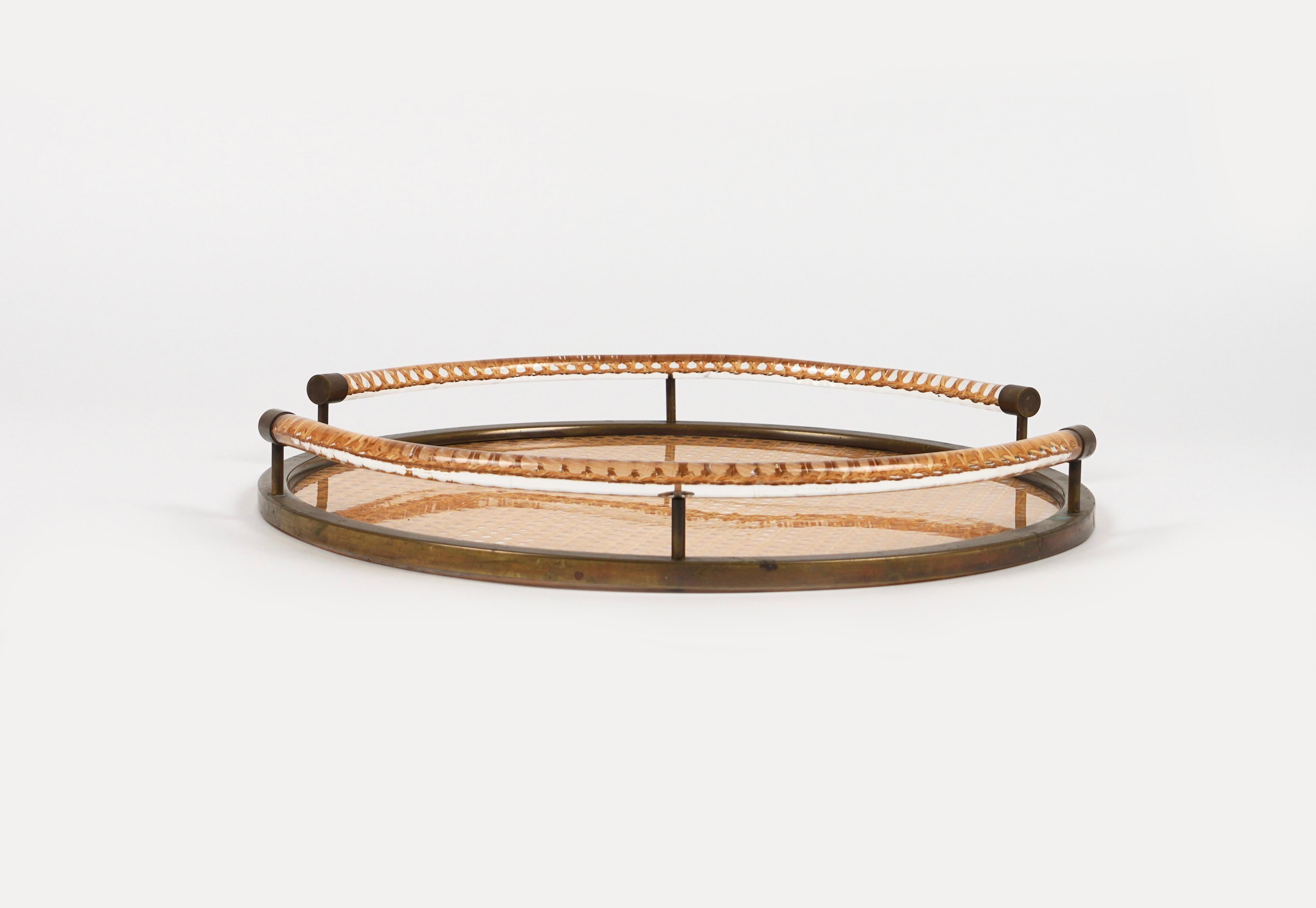 Round Serving Tray in Lucite, Rattan and Brass Christian Dior Style, Italy 1970s 1