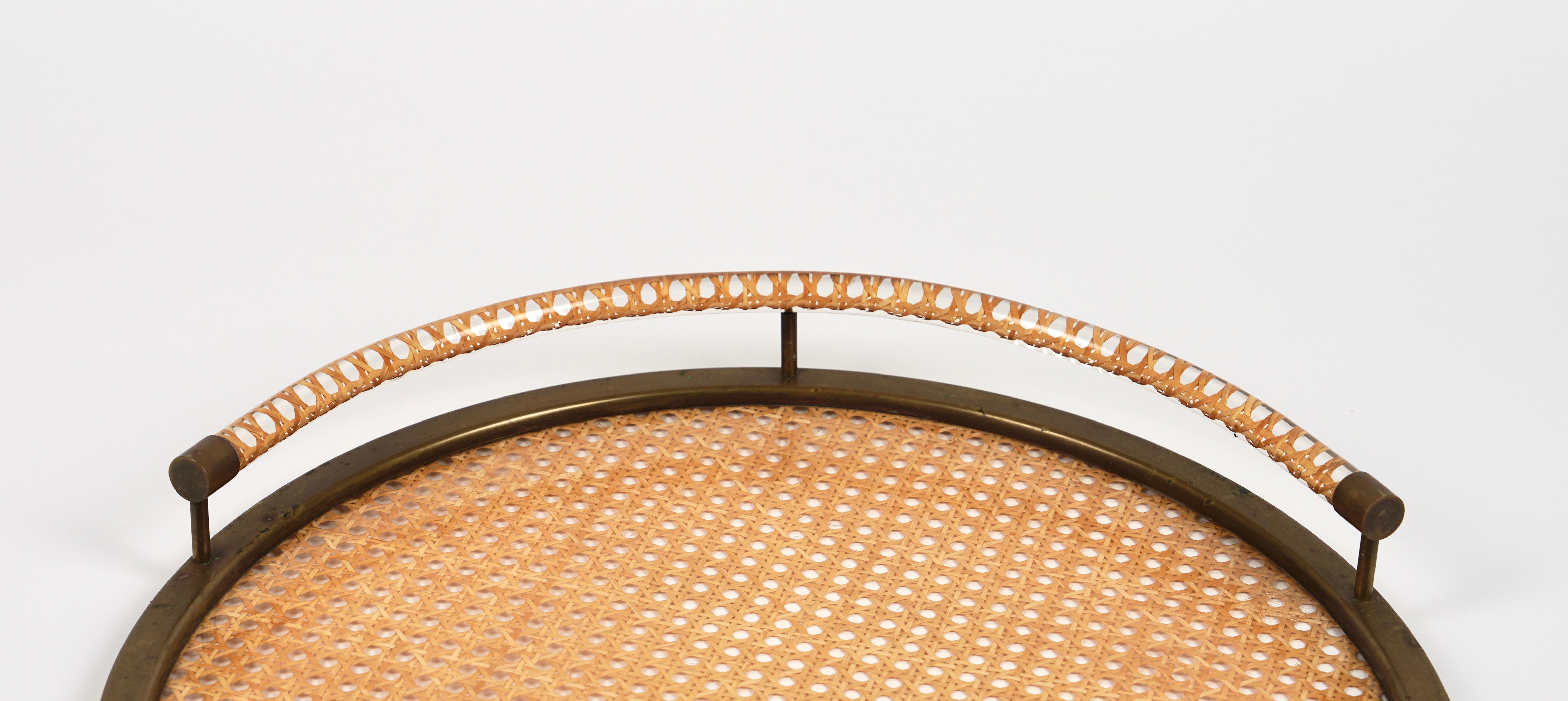 Round Serving Tray in Lucite, Rattan and Brass Christian Dior Style, Italy 1970s 2