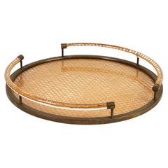 Round Serving Tray in Lucite, Rattan and Brass Christian Dior Style, Italy 1970s
