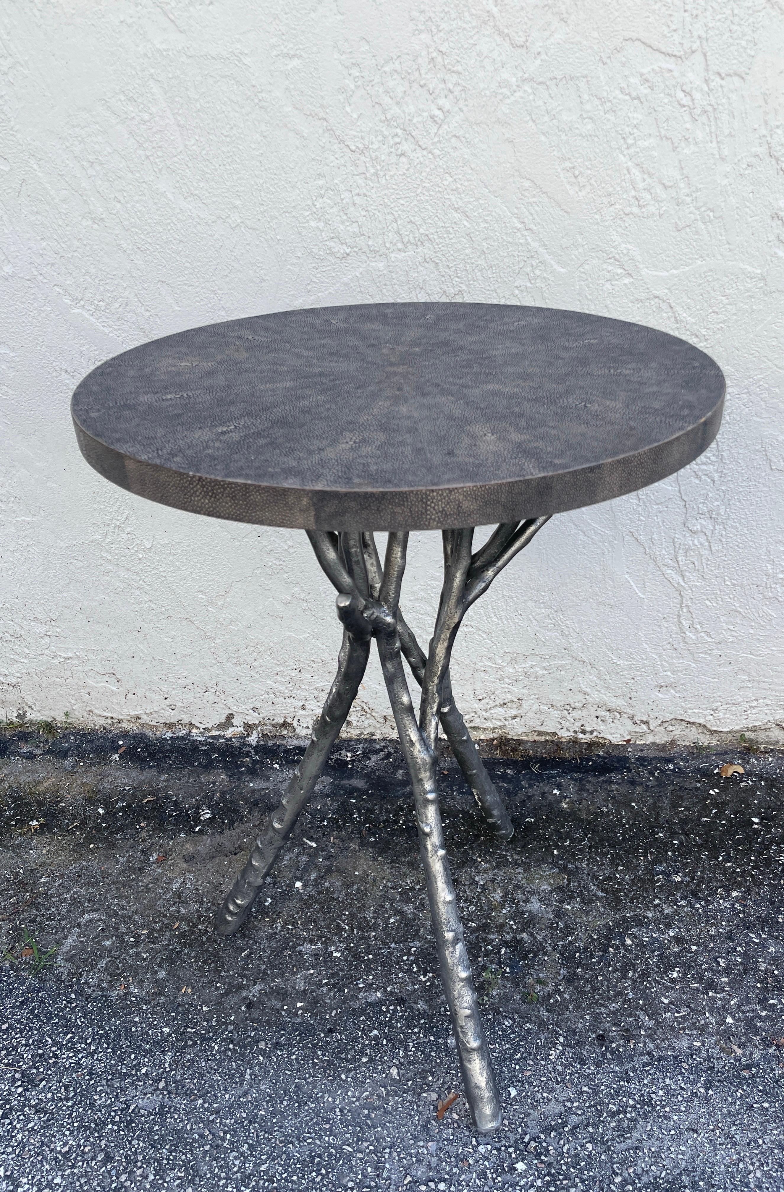 Vintage round Shareen drinks table with tripod faux bois base.