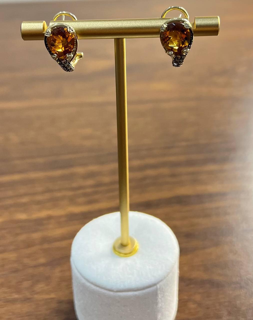 Round Shape Amber Orange Citrine Diamond Pave 14K Yellow Gold Huggie Earrings For Sale 2