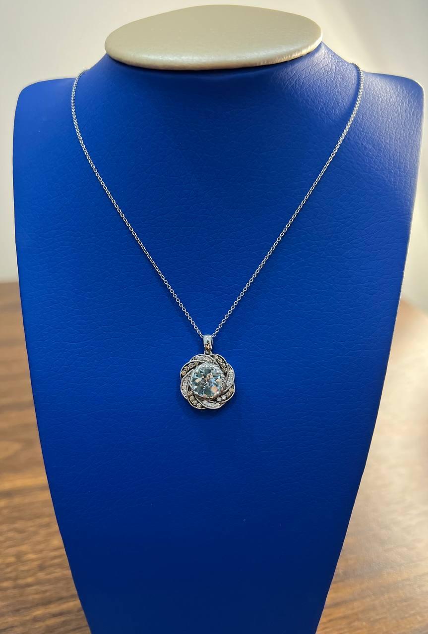 Round Shape Blue Aquamarine Champagne Diamond Halo White Gold Pendant Necklace For Sale 5
