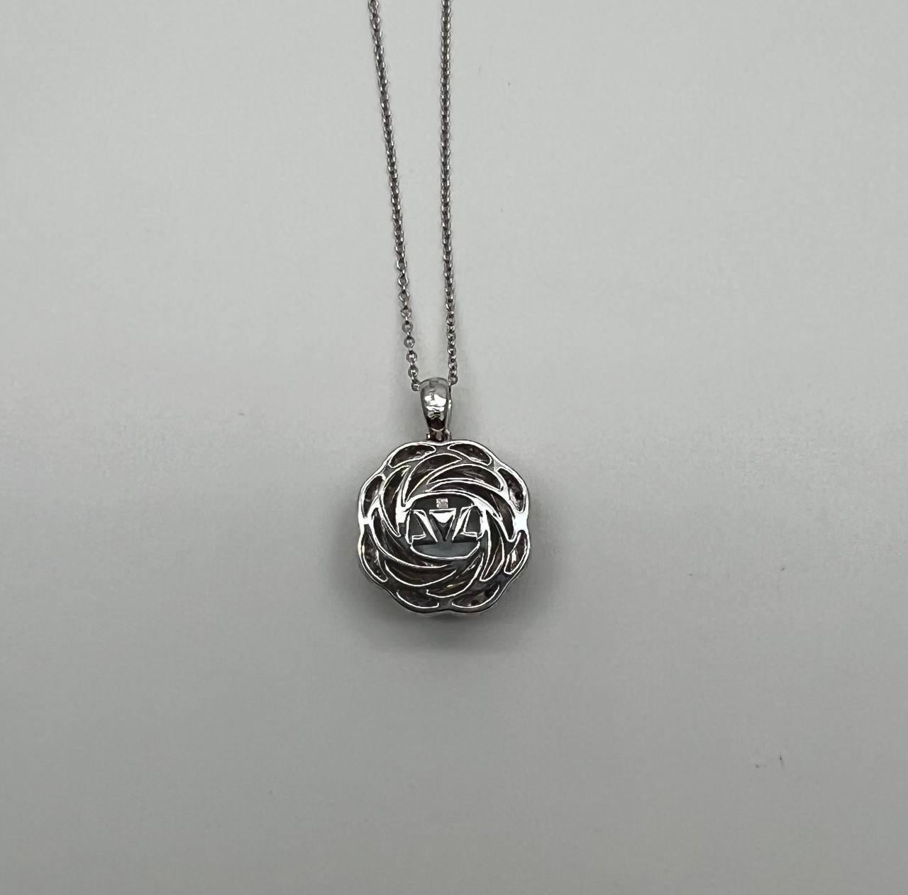 Round Cut Round Shape Blue Aquamarine Champagne Diamond Halo White Gold Pendant Necklace For Sale