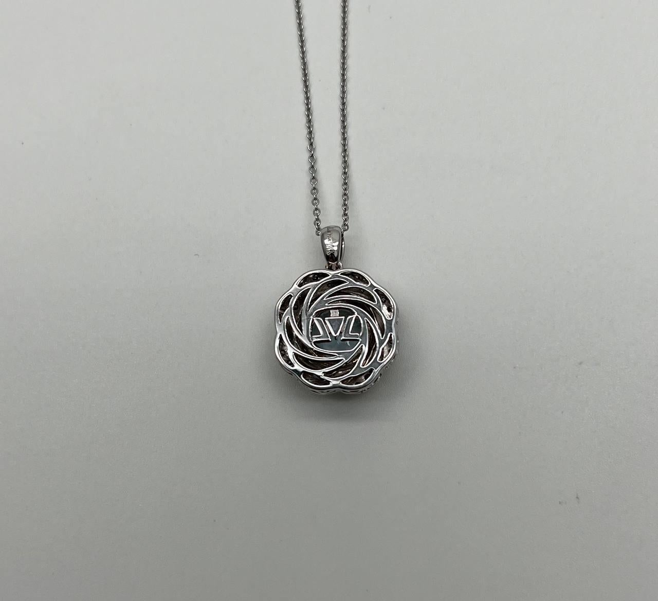 Round Shape Blue Aquamarine Champagne Diamond Halo White Gold Pendant Necklace In New Condition For Sale In Oakton, VA