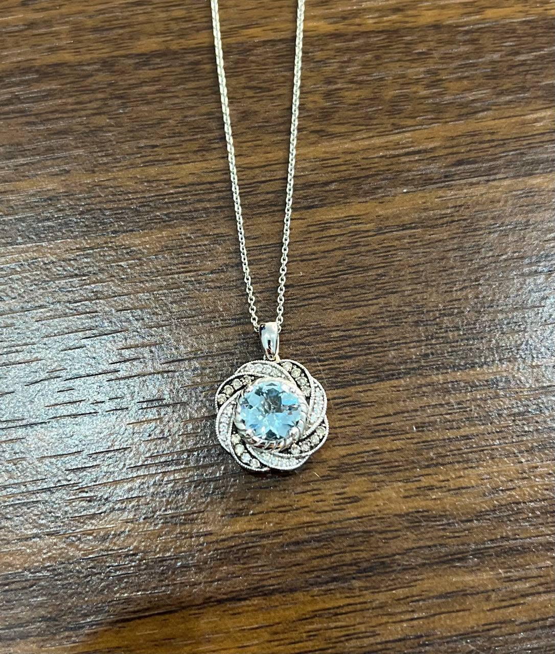 Women's Round Shape Blue Aquamarine Champagne Diamond Halo White Gold Pendant Necklace For Sale
