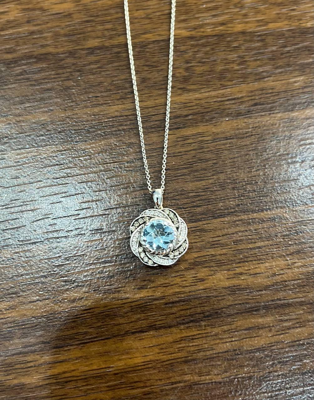 Round Shape Blue Aquamarine Champagne Diamond Halo White Gold Pendant Necklace For Sale 1