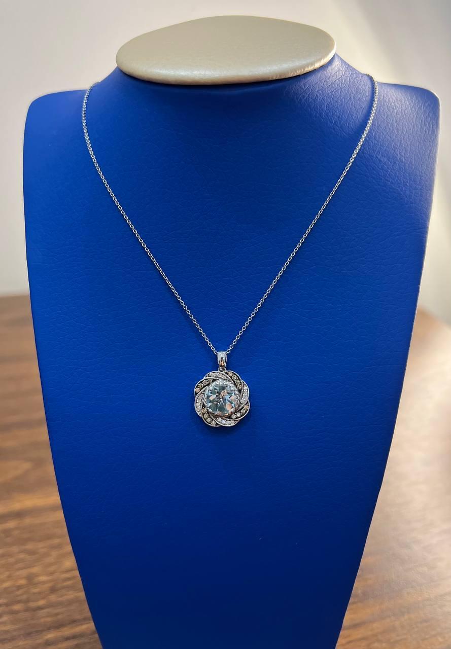 Round Shape Blue Aquamarine Champagne Diamond Halo White Gold Pendant Necklace For Sale 4