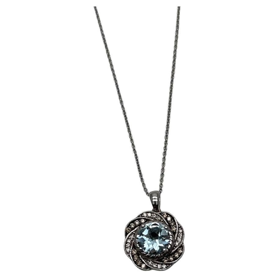Round Shape Blue Aquamarine Champagne Diamond Halo White Gold Pendant Necklace For Sale