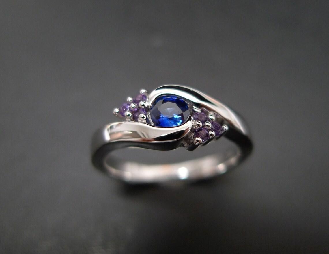 For Sale:  Round Shape Blue Sapphire Amethyst Twisted Tension Engagement Ring White Gold 3