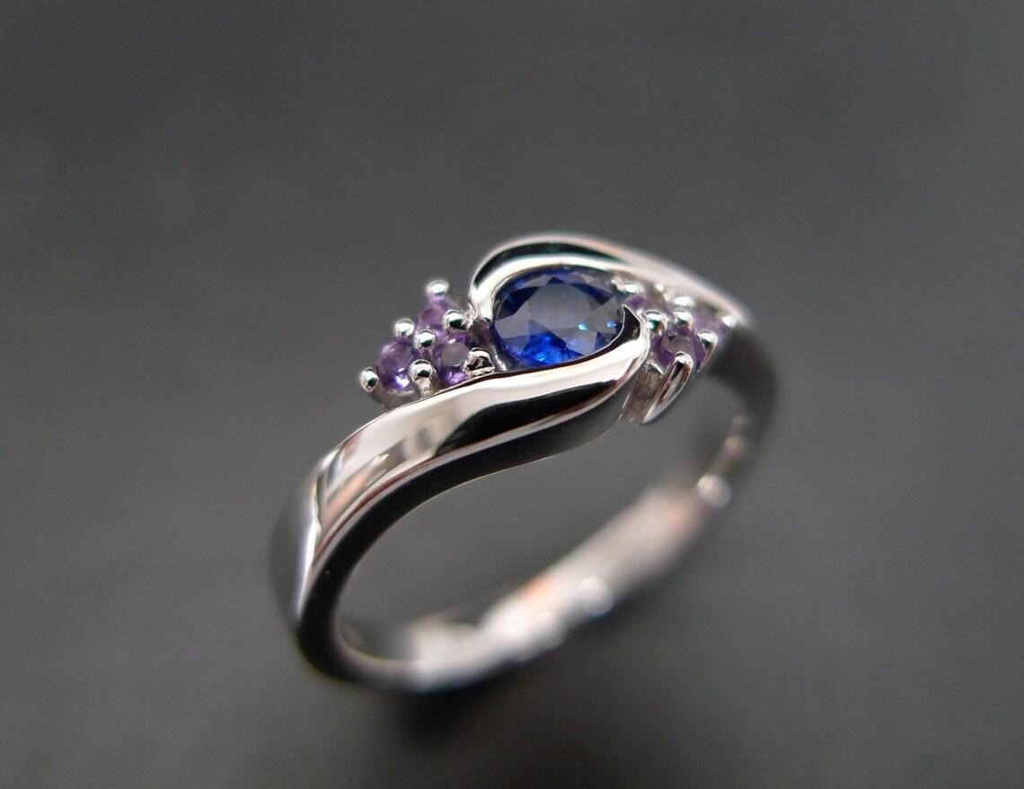 For Sale:  Round Shape Blue Sapphire Amethyst Twisted Tension Engagement Ring White Gold 4
