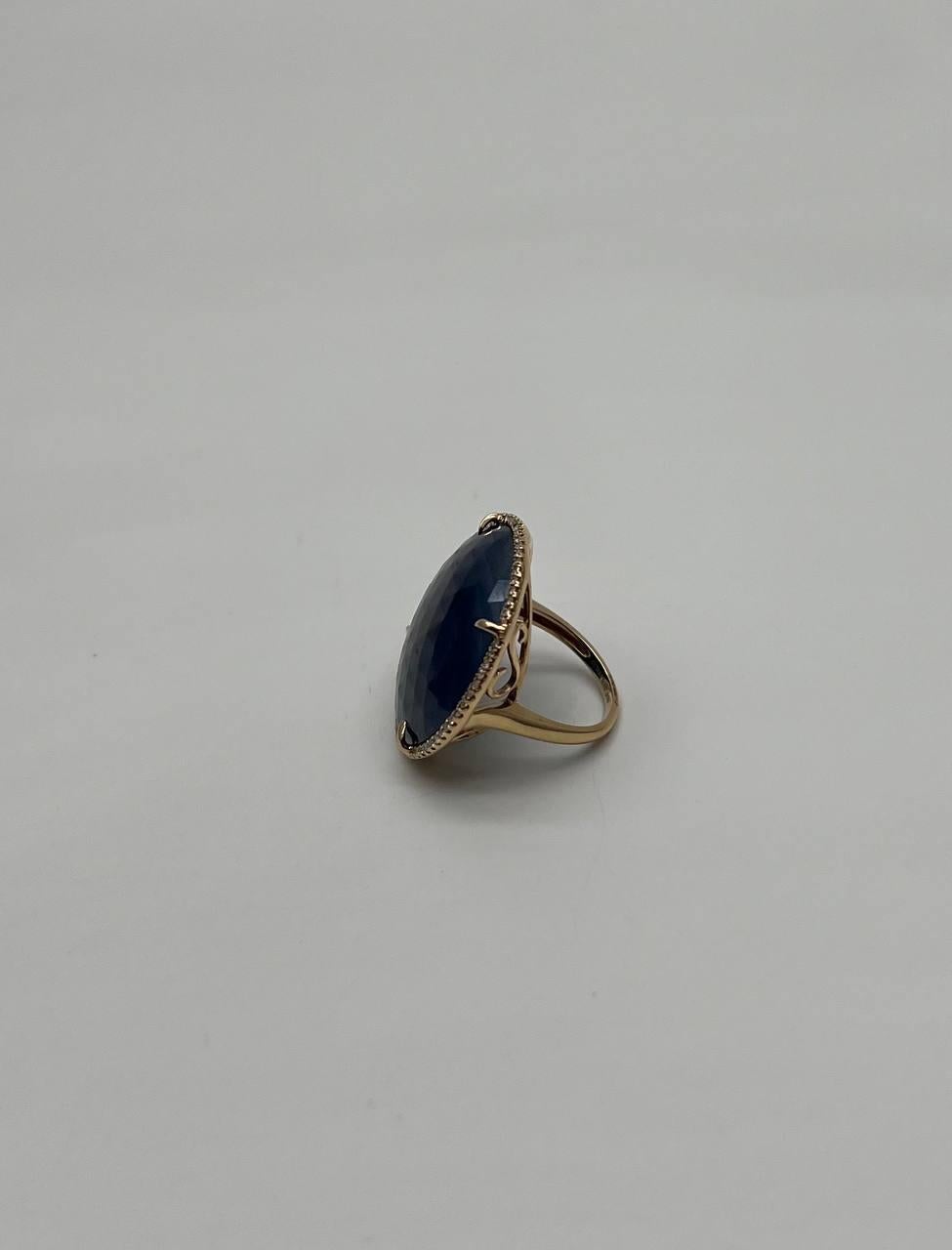 Round Shape Blue Sapphire Faceted Cabochon Slice 14K Gold Diamond Halo Ring For Sale 5