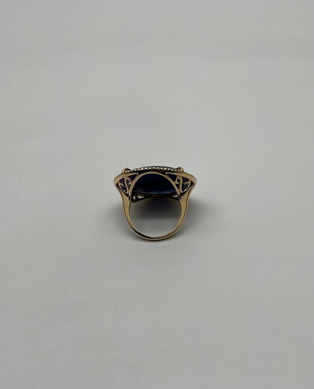 Round Shape Blue Sapphire Faceted Cabochon Slice 14K Gold Diamond Halo Ring For Sale 6