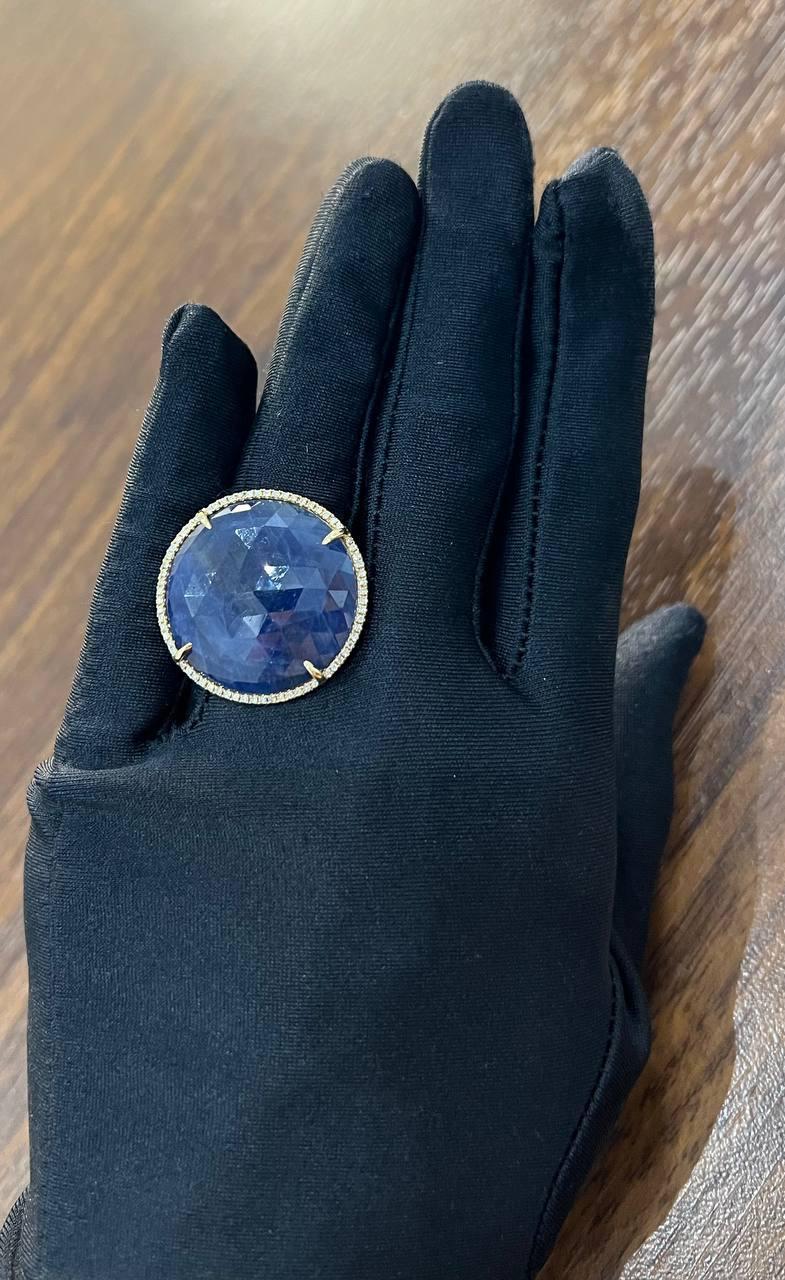 Round Shape Blue Sapphire Faceted Cabochon Slice 14K Gold Diamond Halo Ring For Sale 7