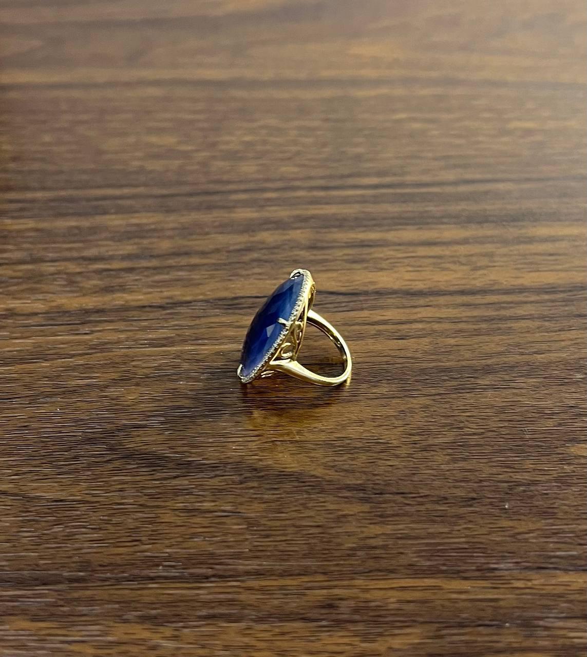 Round Cut Round Shape Blue Sapphire Faceted Cabochon Slice 14K Gold Diamond Halo Ring For Sale