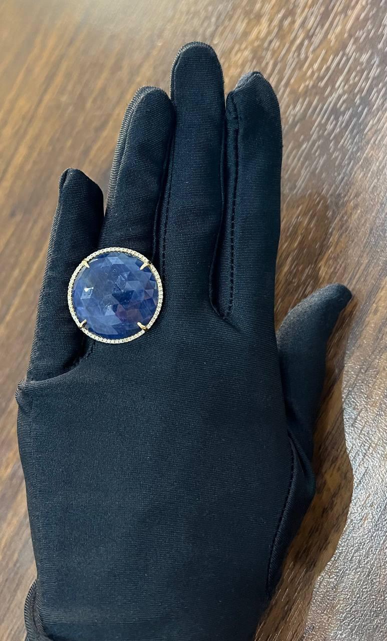 Round Shape Blue Sapphire Faceted Cabochon Slice 14K Gold Diamond Halo Ring For Sale 2
