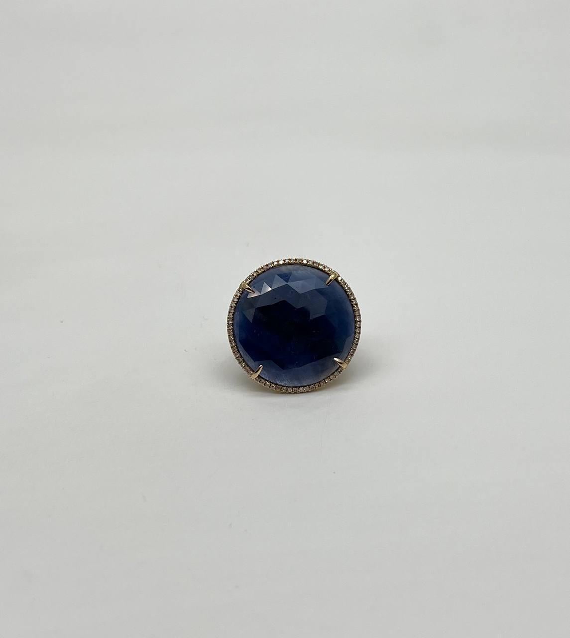Round Shape Blue Sapphire Faceted Cabochon Slice 14K Gold Diamond Halo Ring For Sale 3