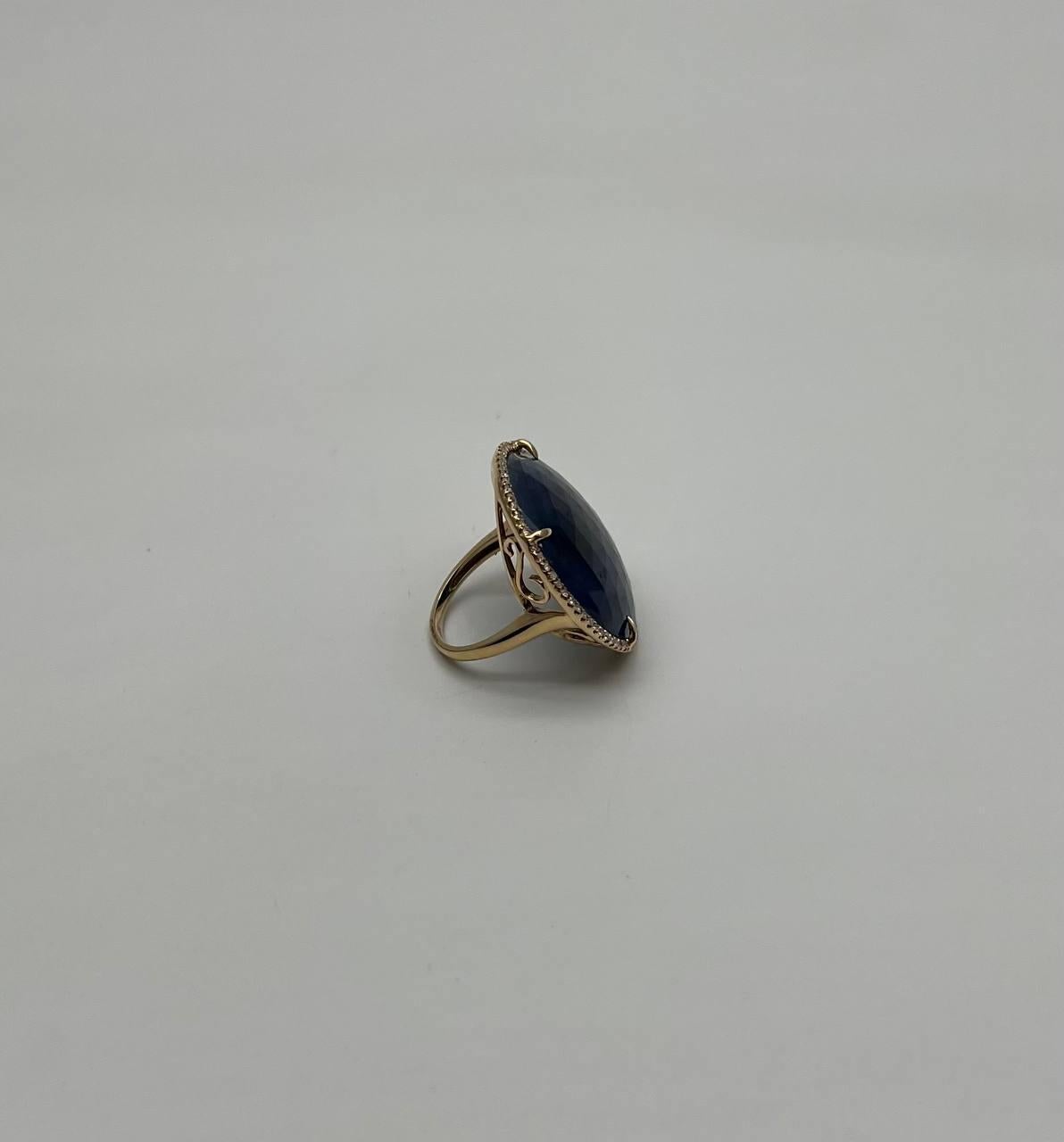 Round Shape Blue Sapphire Faceted Cabochon Slice 14K Gold Diamond Halo Ring For Sale 4