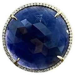 Bague Halo en or 14 carats avec saphir bleu facetté cabochon de forme ronde