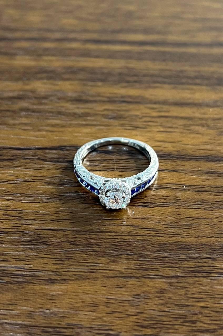 Round Shape Brilliant Cut Diamond Blue Sapphire Channel Set 18K White Gold Ring For Sale 1