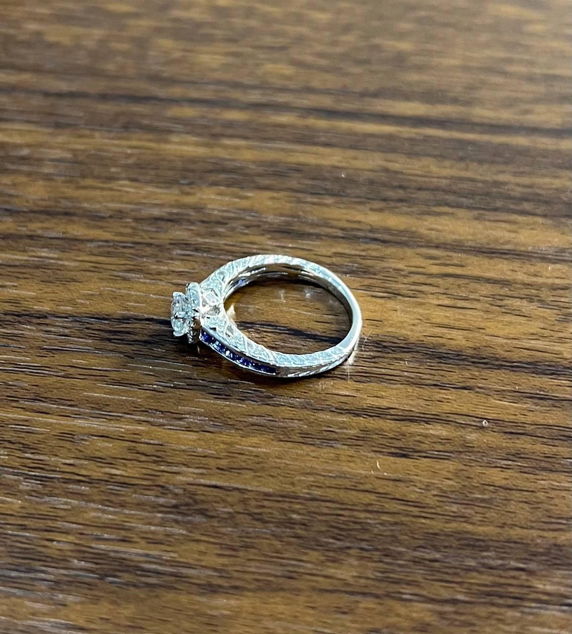 Round Shape Brilliant Cut Diamond Blue Sapphire Channel Set 18K White Gold Ring For Sale 2