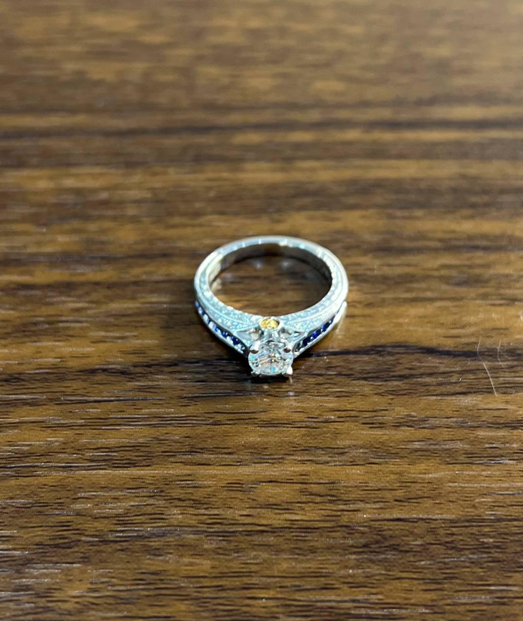 Round Shape Brilliant Cut Diamond Blue Sapphire Channel Set 18K White Gold Ring For Sale 1