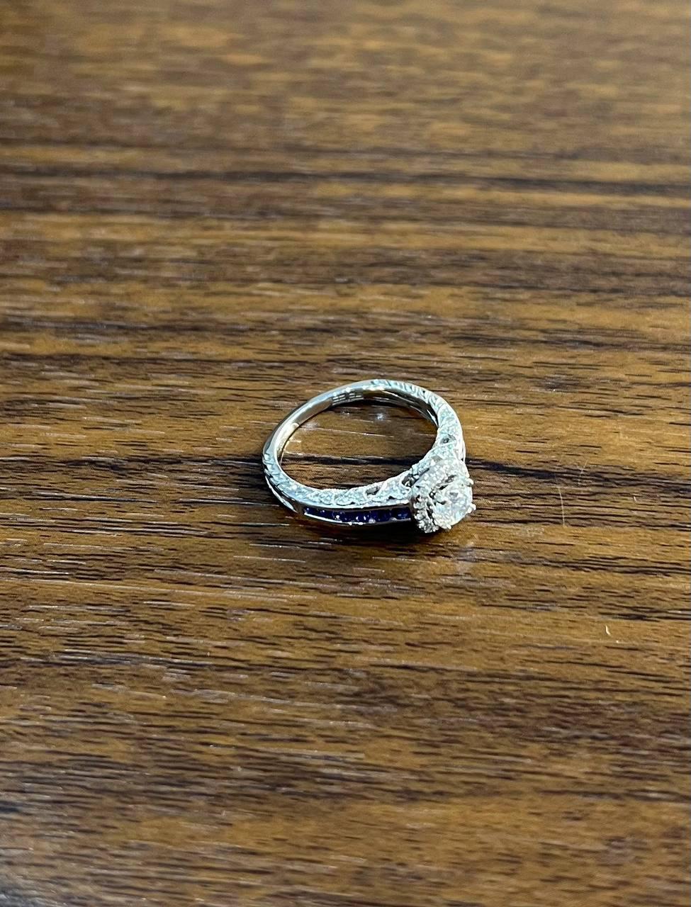 Round Shape Brilliant Cut Diamond Blue Sapphire Channel Set 18K White Gold Ring For Sale 3