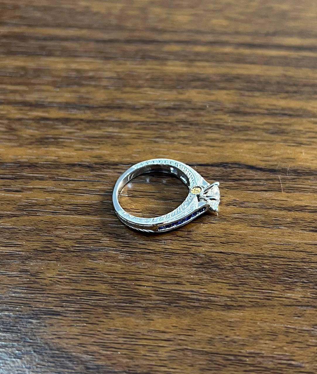 Round Shape Brilliant Cut Diamond Blue Sapphire Channel Set 18K White Gold Ring For Sale 3