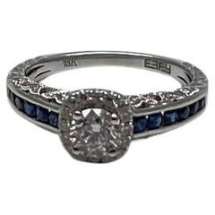 Round Shape Brilliant Cut Diamond Blue Sapphire Channel Set 18K White Gold Ring