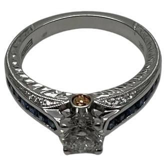 Round Shape Brilliant Cut Diamond Blue Sapphire Channel Set 18K White Gold Ring