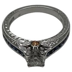 Round Shape Brilliant Cut Diamond Blue Sapphire Channel Set 18K White Gold Ring