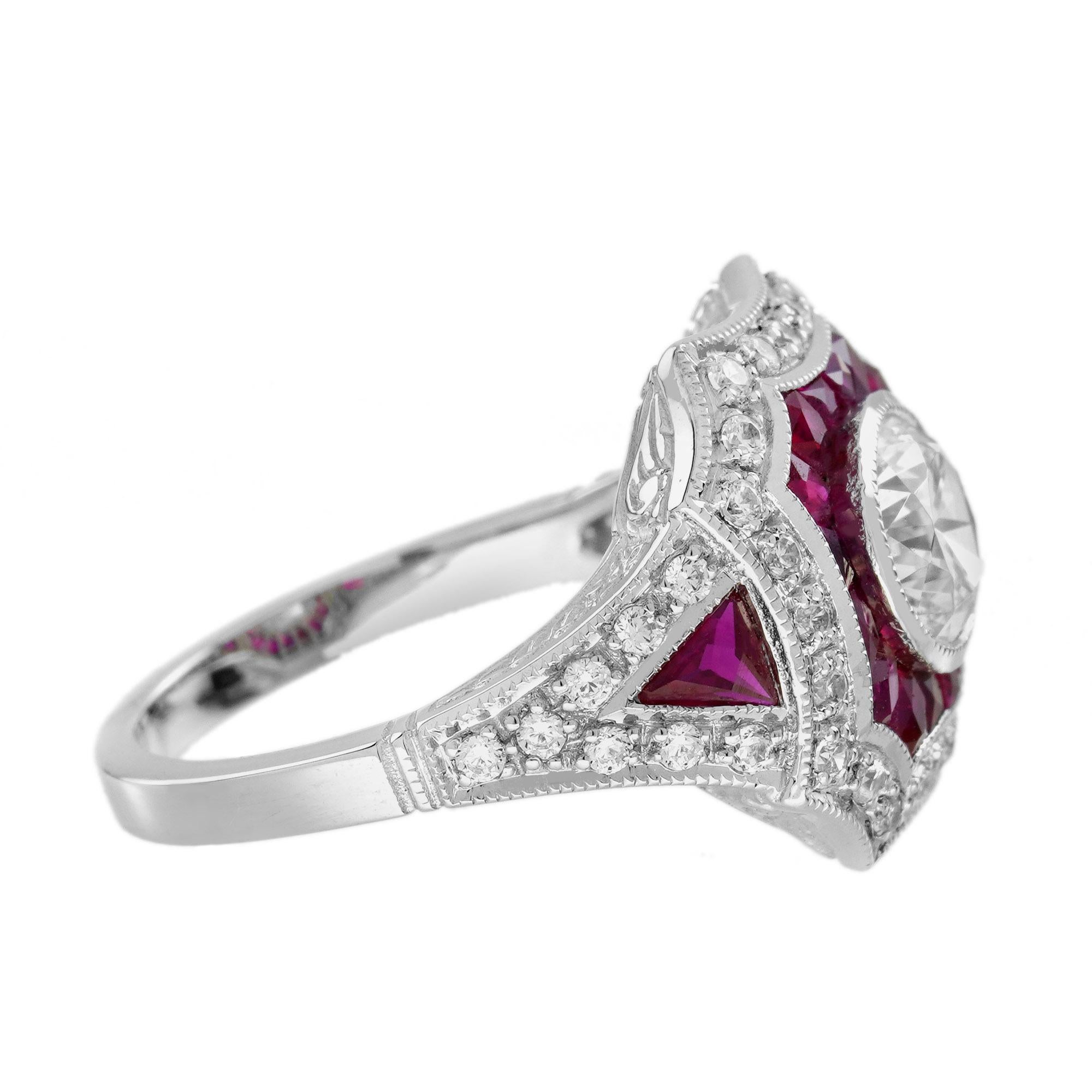 Taille ronde Bague en or blanc 18 carats, diamant et rubis, de forme ronde et de taille brillante, de style Art déco en vente